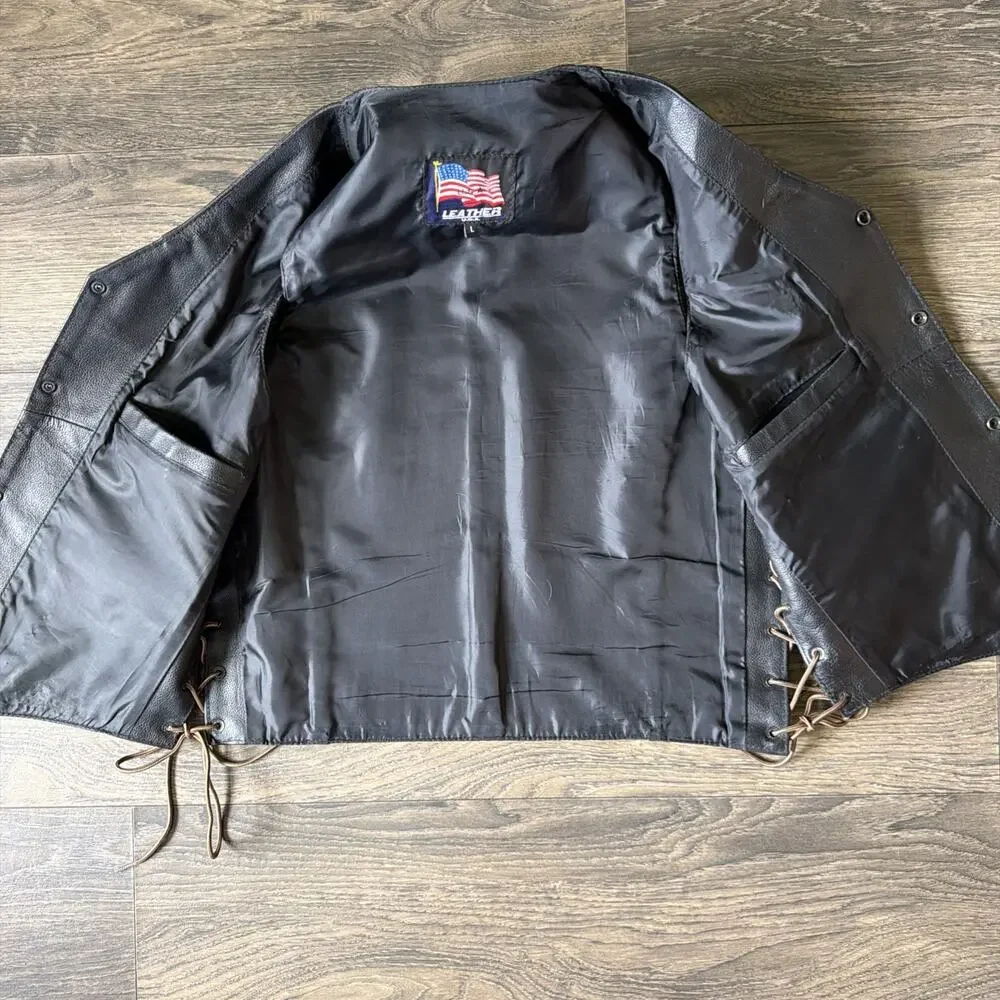 Vintage Leather USA Sz L Black Leather Biker Vest Motorcycle Lace Up Western